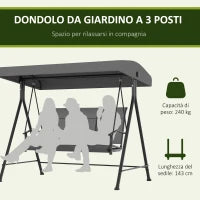 Dondolo da Giardino 3 Posti con Tettuccio Parasole Regolabile, 195x118x170 cm, Grigio Scuro