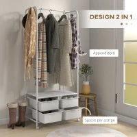 Stand Appendiabiti con Scarpiera a 4 Cesti e 8 Ganci, in Acciaio e Plastica, 63x37x153 cm, Bianco