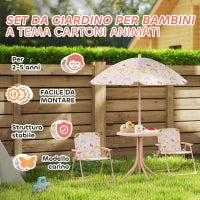 Set da Giardino per Bambini 2-5 Anni con Tavolino Rotondo, 2 Sedie Pieghevoli e un Ombrellone, Rosa