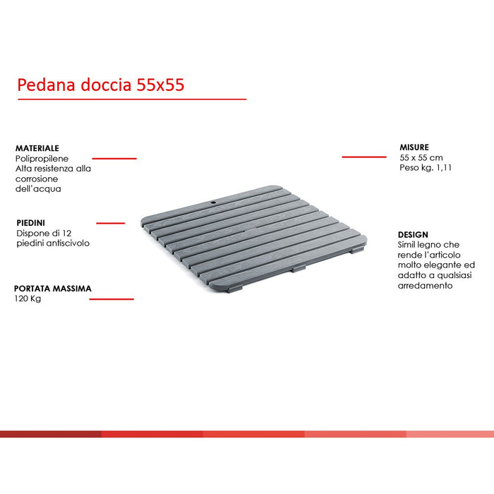 Pedana antiscivolo per doccia 55x55 cm in polipropilene con finitura grigia