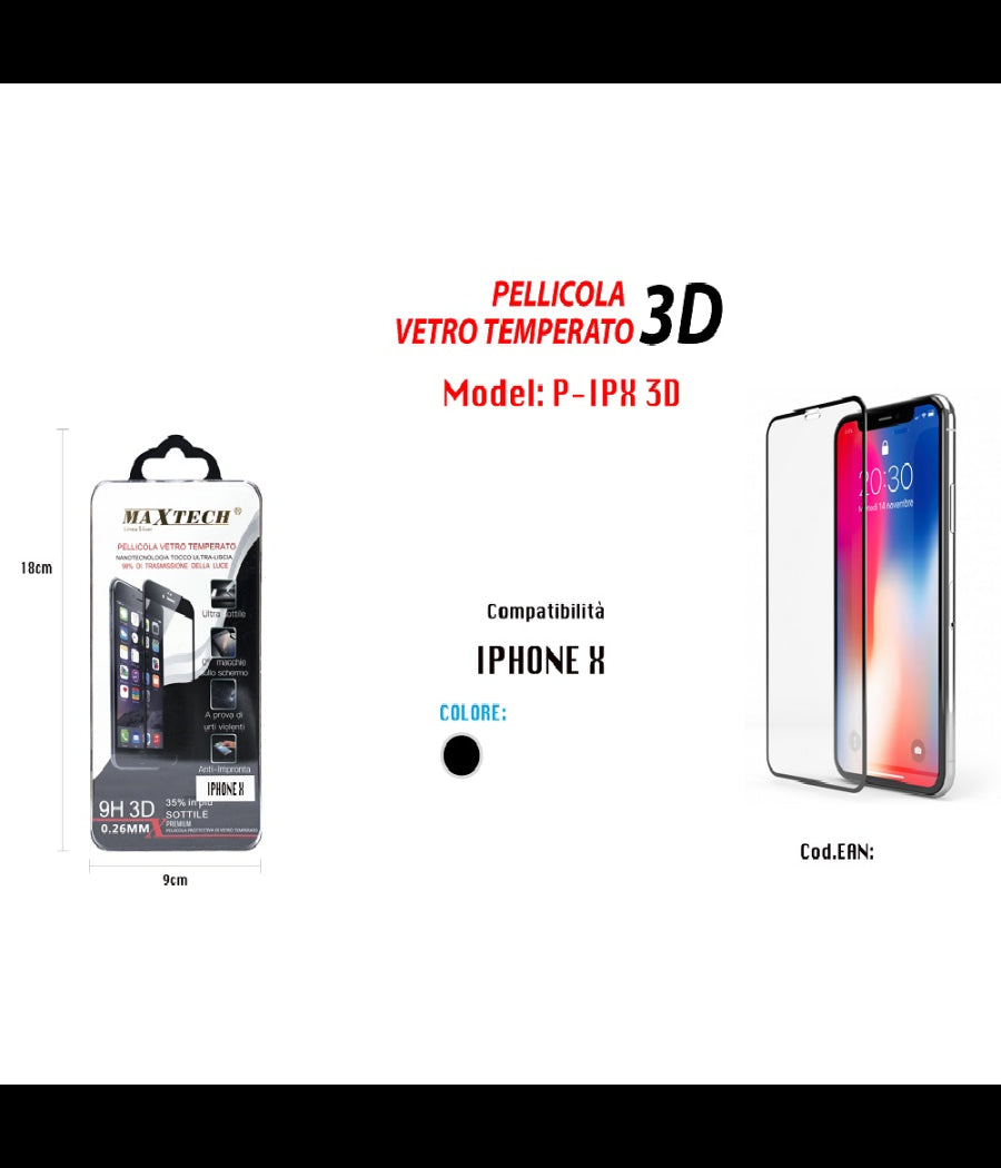 Pellicola Antigraffio Vetro Temperato Iphone X 3d Schermo Maxtech P-ipx 3d         