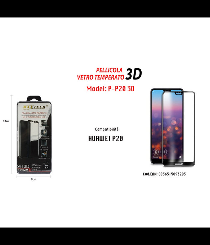 Pellicola In Vetro Temperato 3d Per Huawei P20 Copertura Totale Maxtech P-p20 3d         