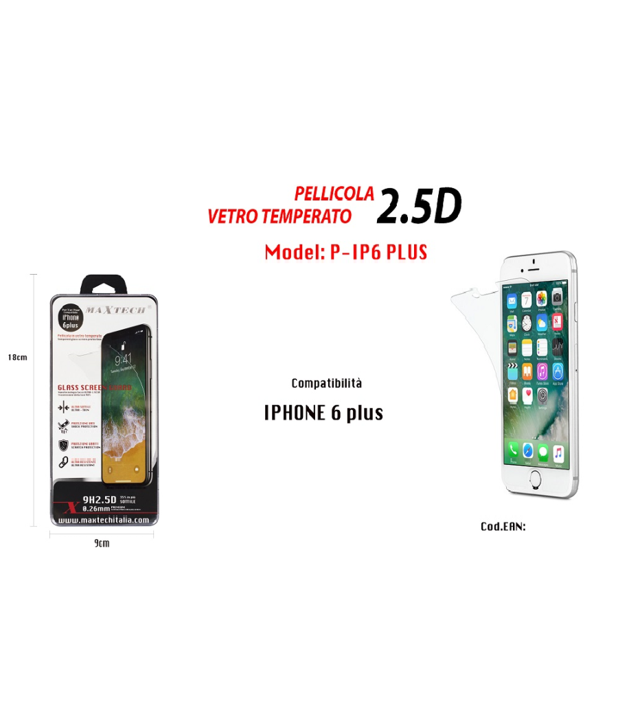 Pellicola In Vetro Temperato Iphone 6 Plus Protezione Schermo Maxtech P-ip6 Plus         