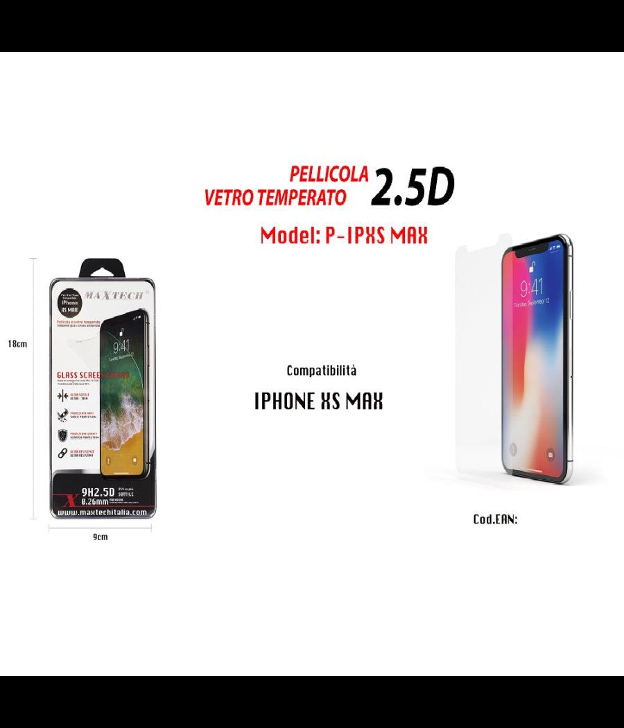 Pellicola In Vetro Temperato Proteggi Schermo Per Iphone Xs Max Maxtech P-ipxs Max         