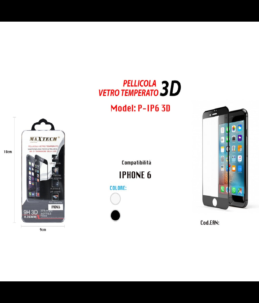 Pellicola Per Iphone 6 In Vetro Temperato 3d Ultra Liscia Maxtech P-ip6 3d         