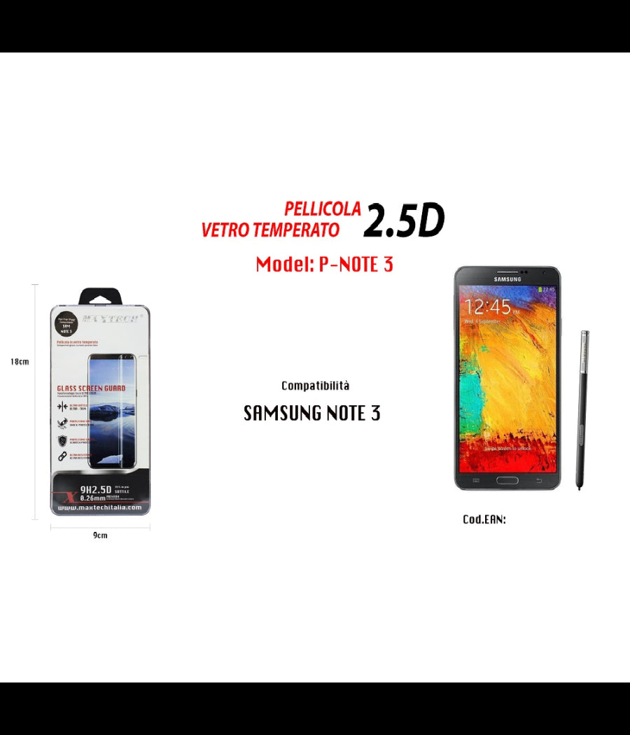 Pellicola Vetro Temperato Per Samsung Galaxy Note 3 Protettiva Lcd Maxtech P-note 3         