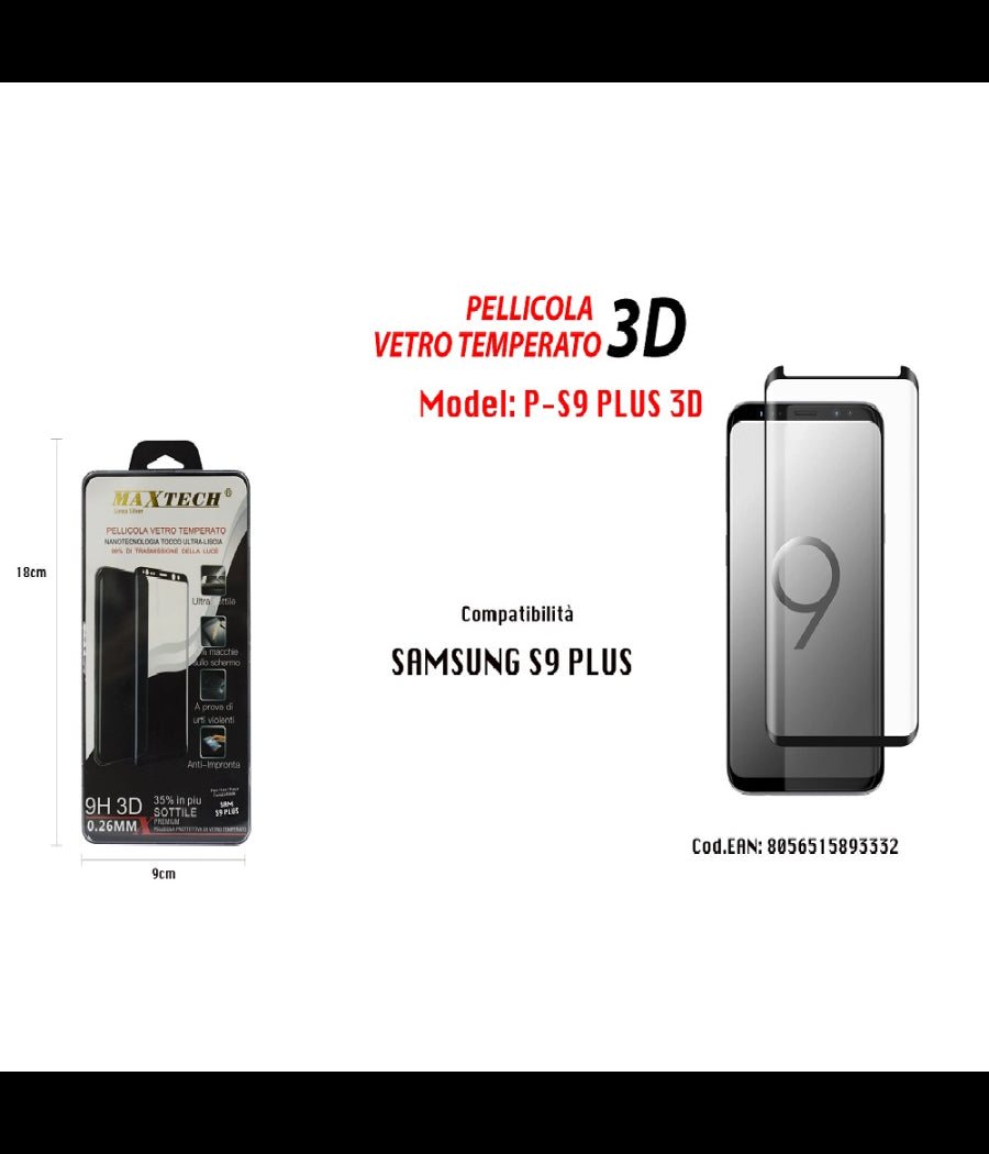 Pellicola Protezione Vetro Temperato 3d Per Samsung Galaxy S9 Plus Maxtech P-s9 Plus 3d         