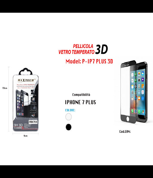 Pellicola Vetro Temperato 3d Compatibile Per Iphone 7 Plus Protezione Maxtech P-ip7 Plus 3d         