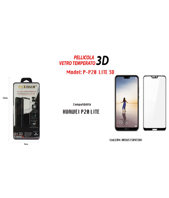 Pellicola Vetro Temperato 3d Huawei P20 Lite Nero Protezione Totale Maxtech P-p20 Lite 3d         