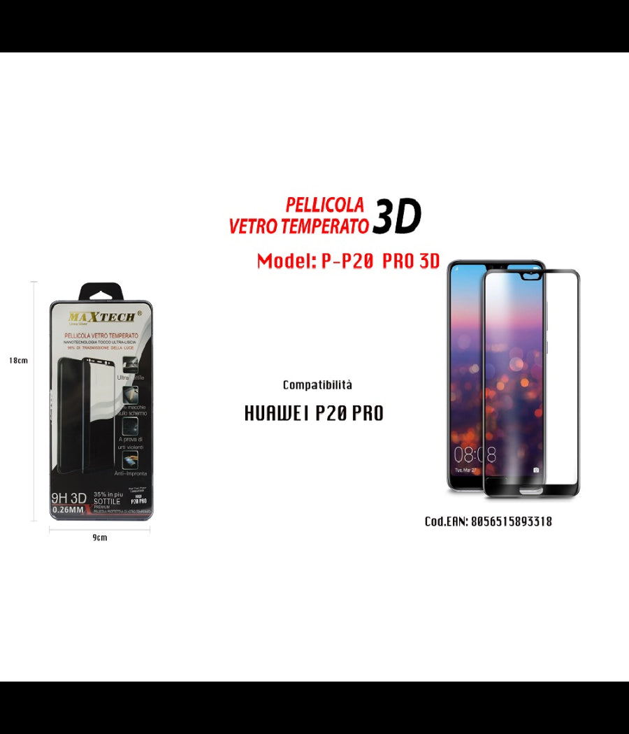 Pellicola Vetro Temperato 3d Huawei P20 Pro Nero Copertura Totale Maxtech P-p20 Pro 3d         
