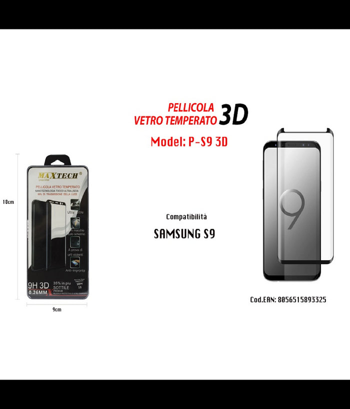 Pellicola Vetro Temperato 3d Per Samsung Galaxy S9 Antigraffio Maxtech P-s9 3d         