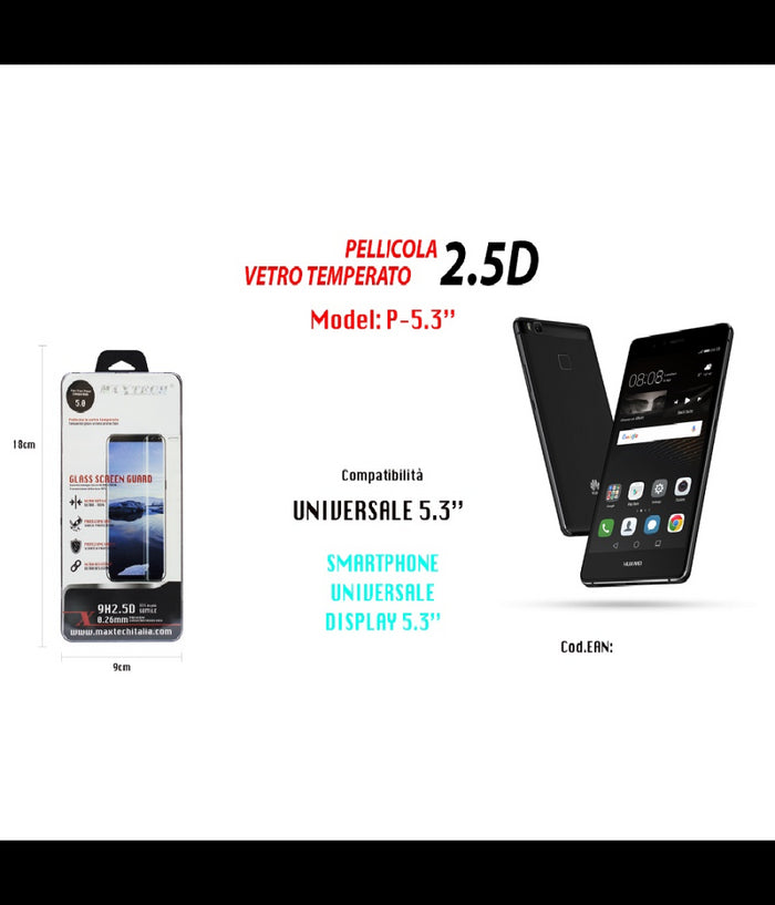 Pellicola Vetro Temperato Anti Colpi Resistente Universale 5.3" Maxtech P-5.3"         
