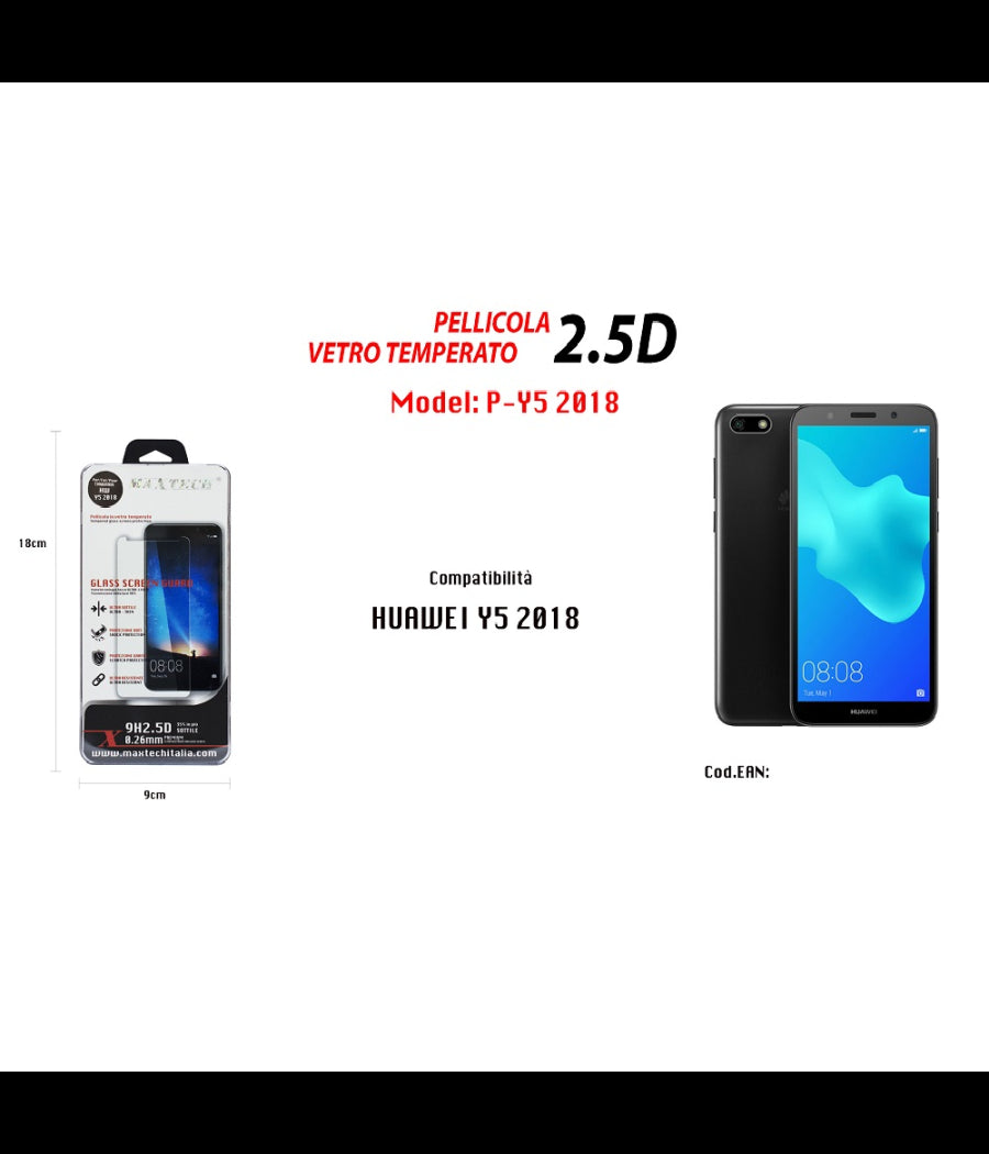 Pellicola Vetro Temperato Per Huawei Y5 2018 Protettiva Schermo Maxtech P-y5 2018         