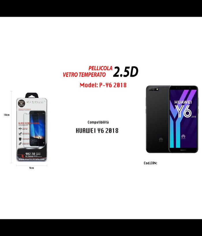 Pellicola Vetro Temperato Per Huawei Y6 2018 Salva Proteggi Display Maxtech P-y6 2018         