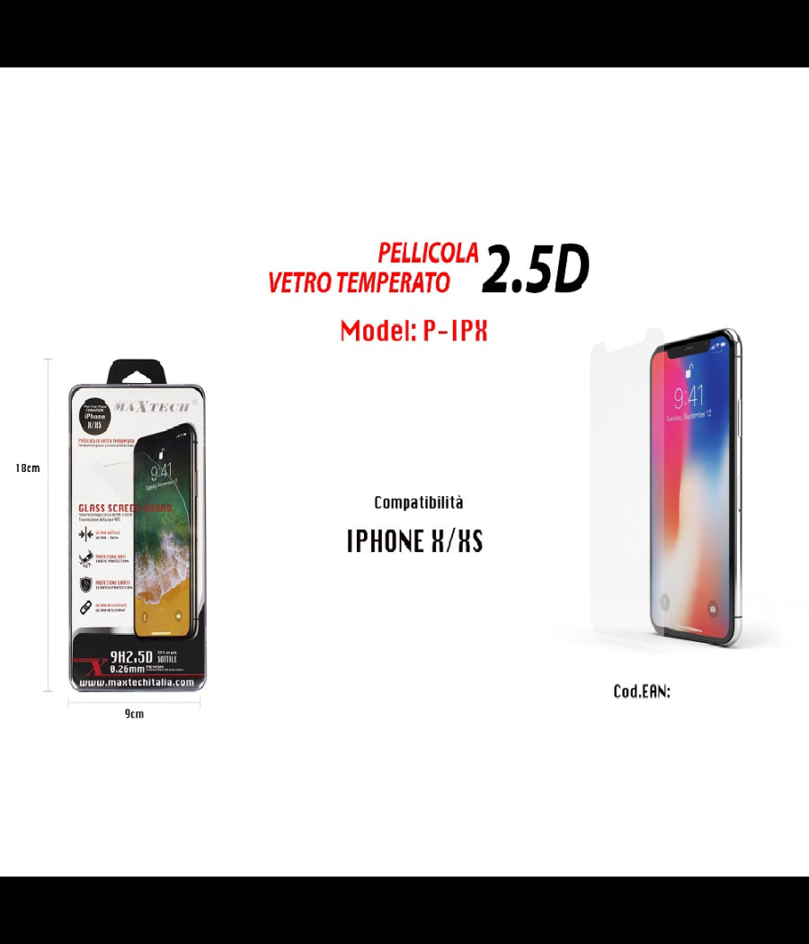 Pellicola Vetro Temperato Per Iphone X / Xs 5d Curvo Protezione Maxtech P-ipx         