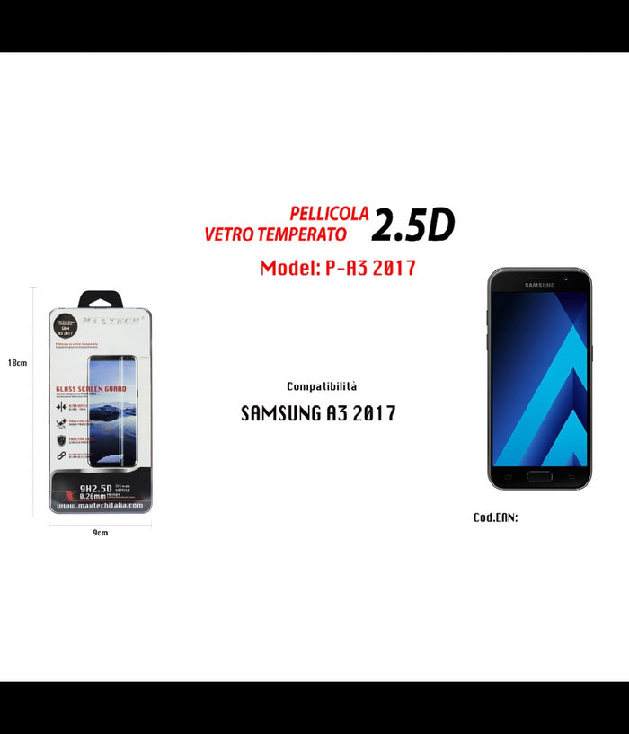 Pellicola Vetro Temperato Per Samsung Galaxy A3 2017 Protezione Schermo Maxtech P-a3 2017         