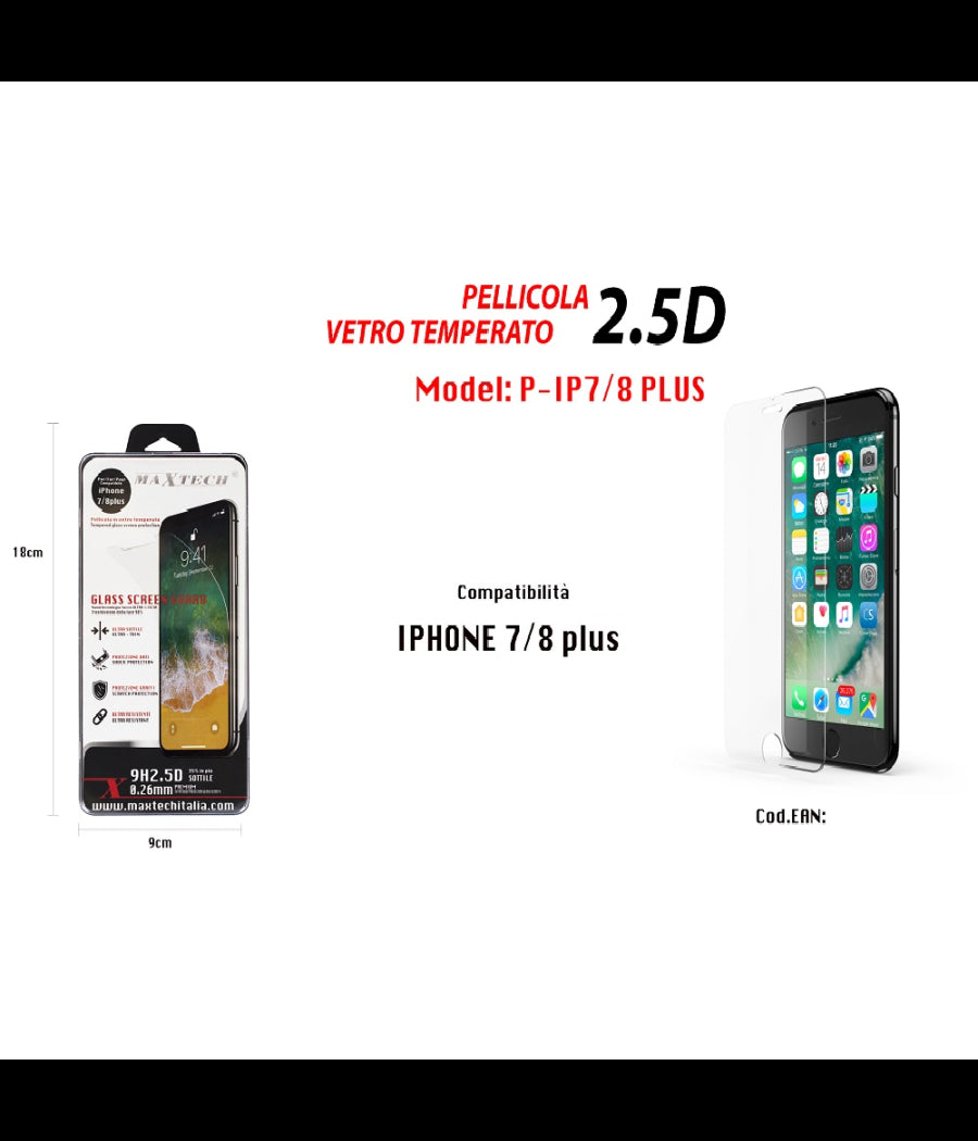 Pellicola Vetro Temperato Protezione Per Iphone 7 / 8 Plus Maxtech P-ip7/8 Plus         