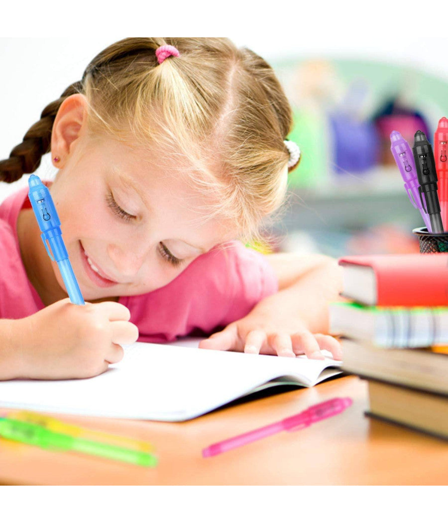 Penna Magica Ad Inchiostro Invisibile Set 2 Penne Visibile Con Luce Uv Gadget         