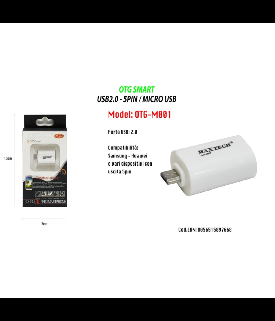 Pennetta Otg Smart Tastiere Stampanti Adattatore Pc Smartphone Lettore Card Usb Maxtech Otg-m001         