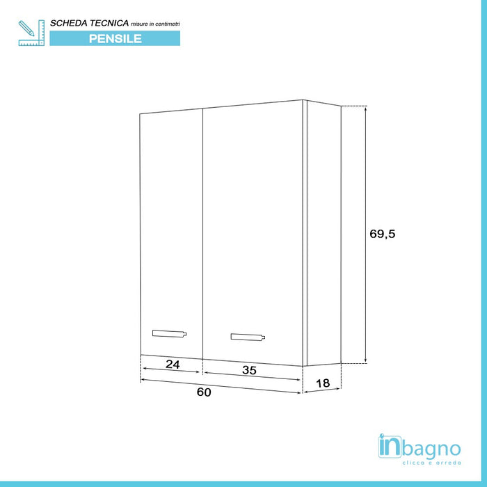 Pensile bagno sospeso 60 cm grigio  con ante e ripiano interno Desya