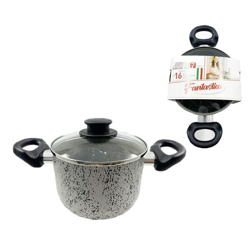 Trade Shop - Pentola 16cm Antiaderente Antigraffio 7 Strati 2 Manici Con Coperchio In Vetro 032871m -