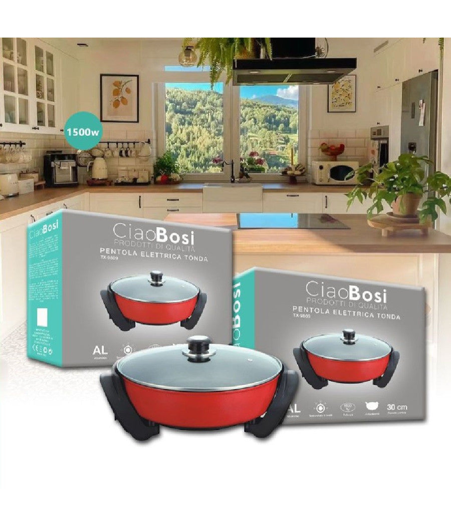 Pentola Elettrica Padella Casseruola Tonda Antiaderente 30cm 1500w Cucina Tx-9809         