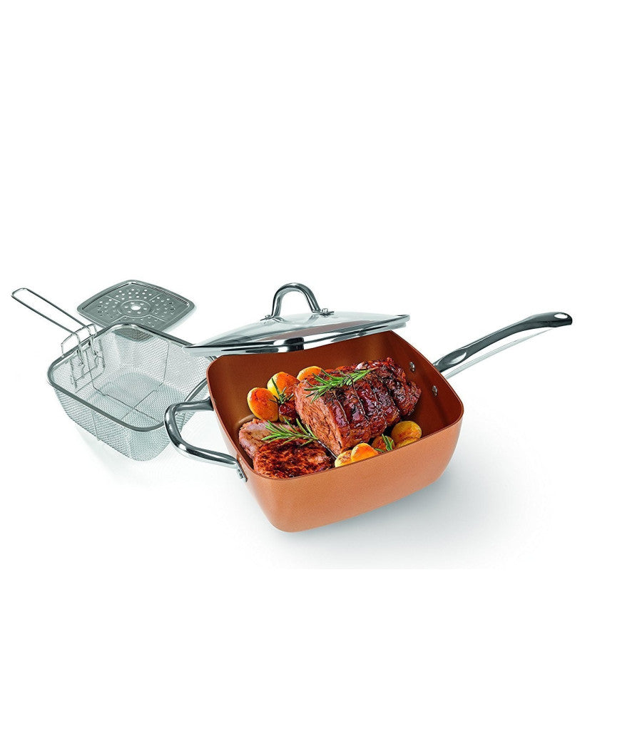 Trade Shop - Pentola Quadrata 4 In 1 Casseruola Da Forno E Friggitrice Con Coperchio In Vetro -