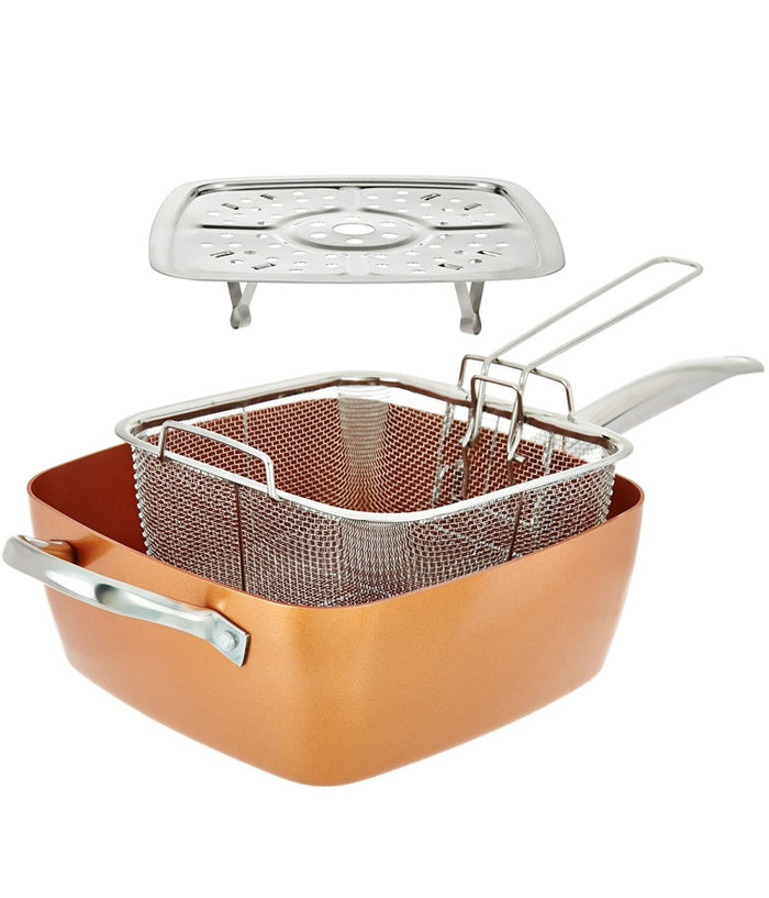 Trade Shop - Pentola Quadrata 4 In 1 Casseruola Da Forno E Friggitrice Con Coperchio In Vetro -