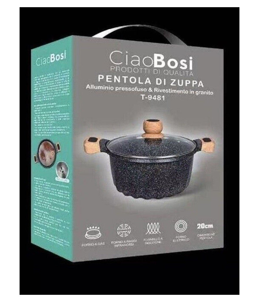 Pentola Tegame Per Zuppa Rivestito Granito Con Coperchio 20cm Antiaderente T-9481         