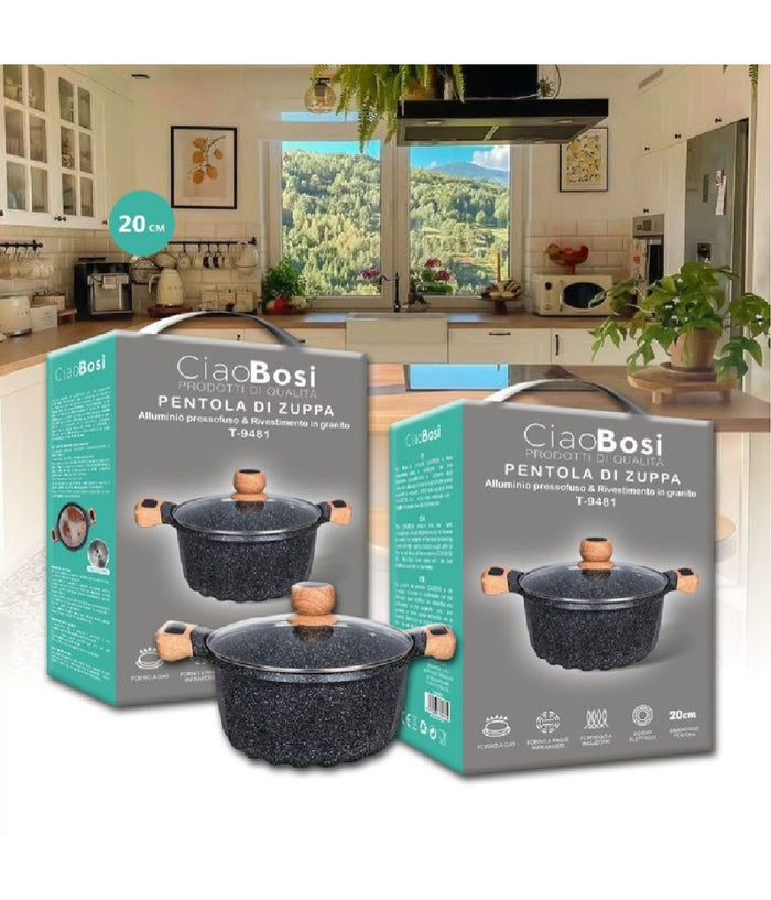 Pentola Tegame Per Zuppa Rivestito Granito Con Coperchio 20cm Antiaderente T-9481         