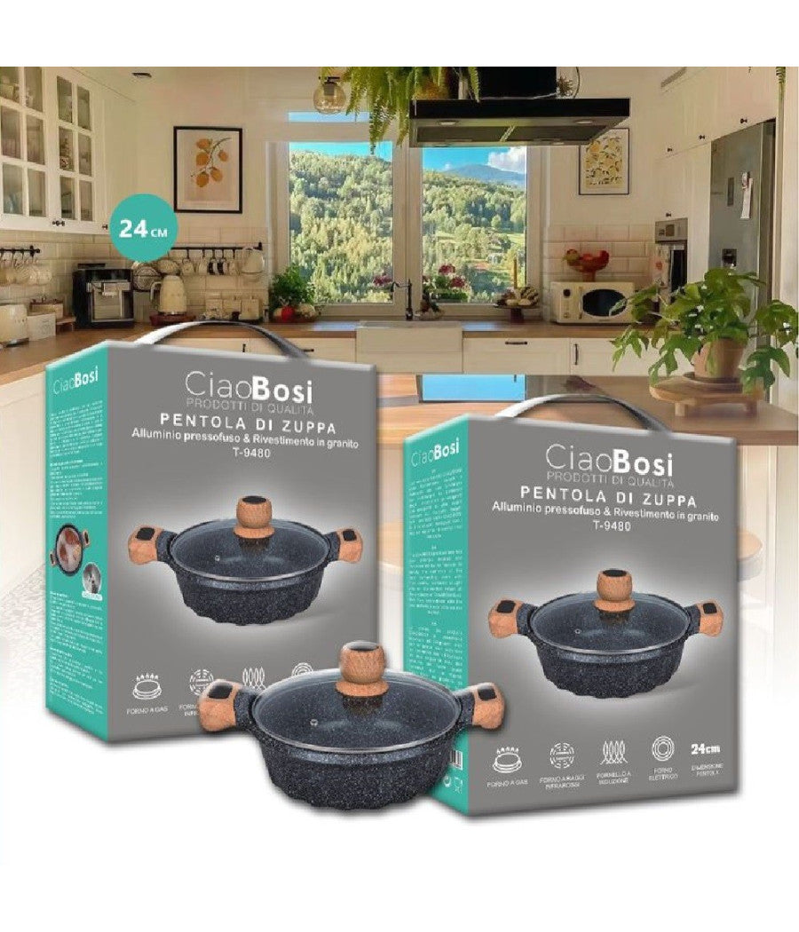 Pentola Tegame Per Zuppa Rivestito Granito Con Coperchio Fondo Basso 24cm T-9480         