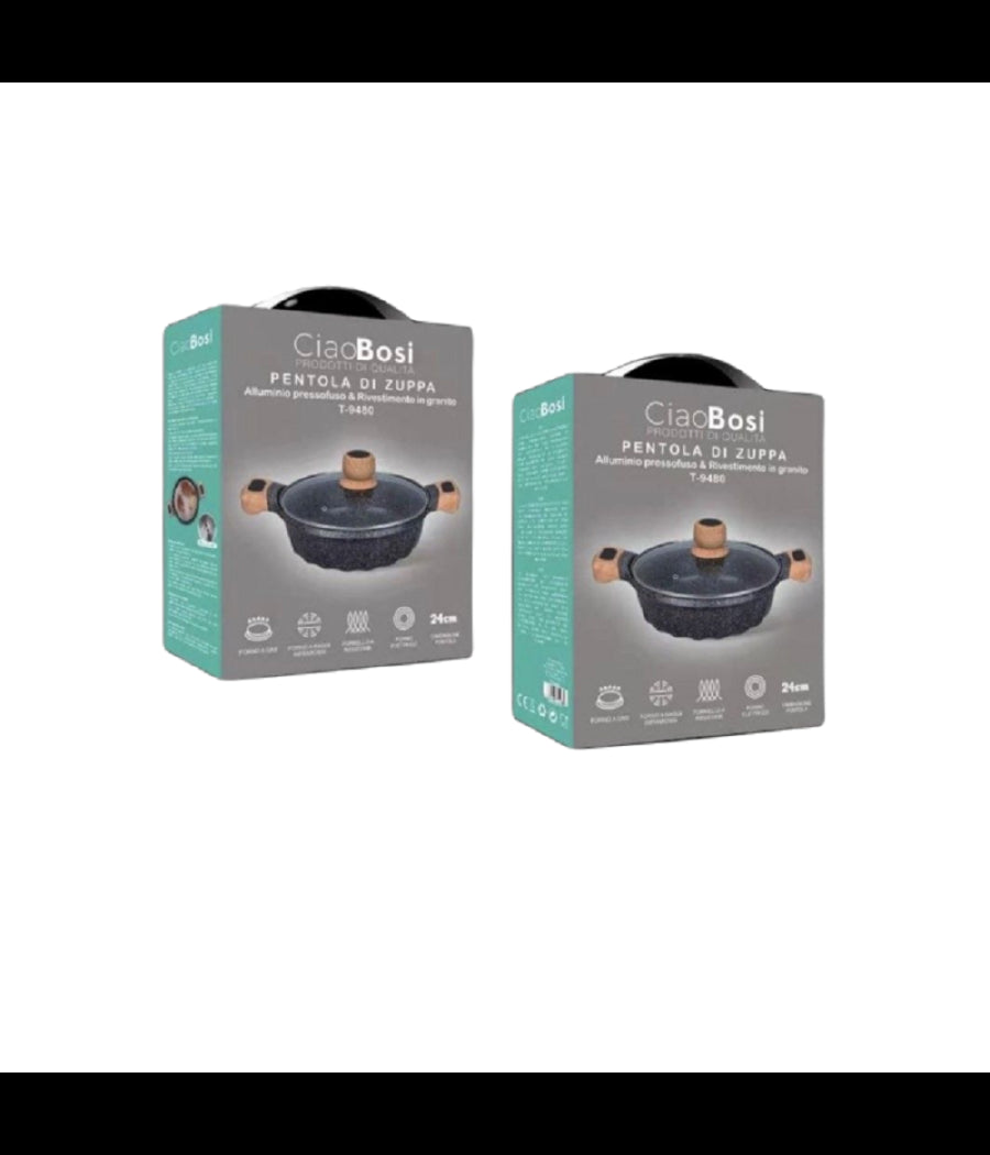 Pentola Tegame Per Zuppa Rivestito Granito Con Coperchio Fondo Basso 24cm T-9480         