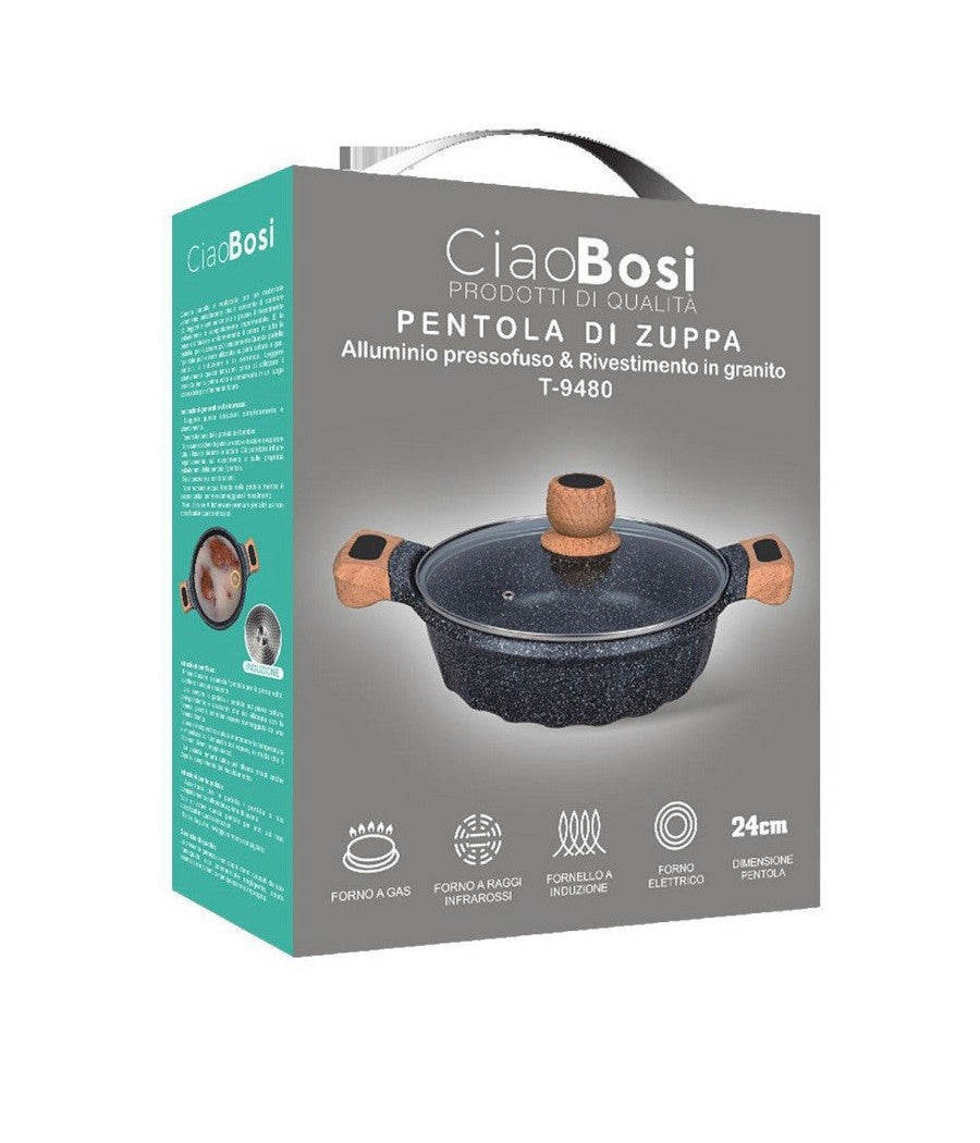 Pentola Tegame Per Zuppa Rivestito Granito Con Coperchio Fondo Basso 24cm T-9480         