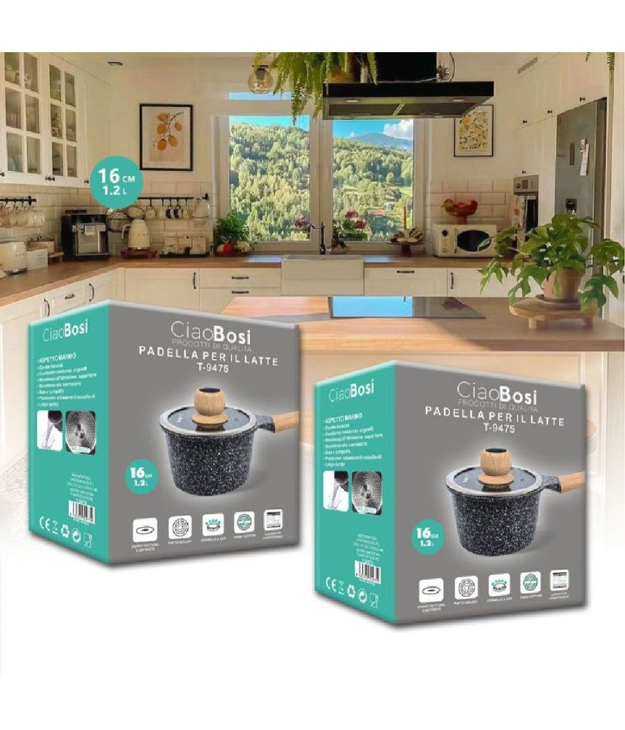Pentolino Padella Latte Pentola Bollilatte Con Manico Coperchio 16cm 1,2lt T-9475         