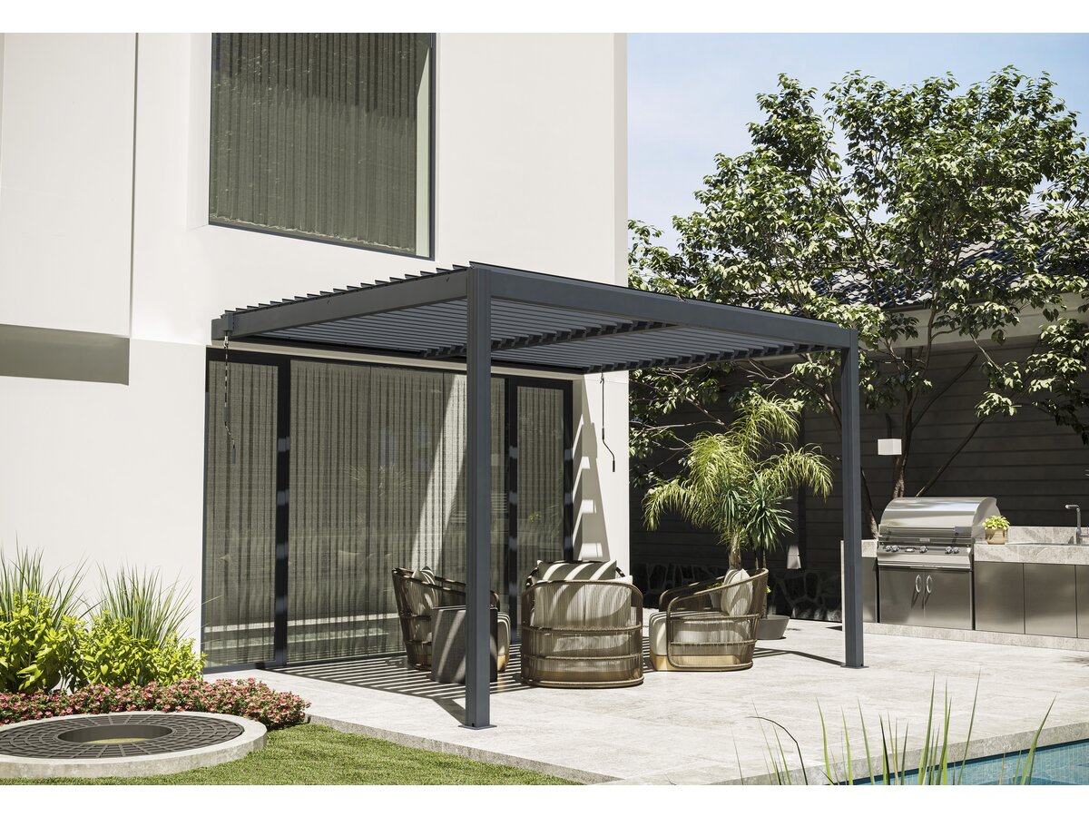 Pergola bioclimatica addossata "Windsor" con led - 3 x 4 m - Antracite