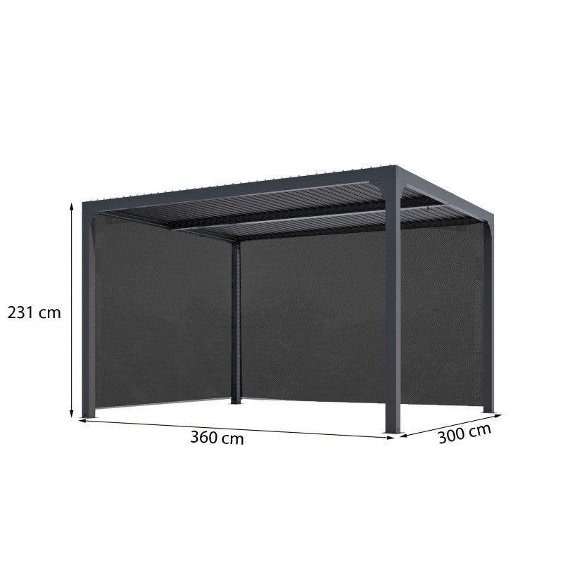 Pergola Bioclimatica 360x300 con Lamelle e Tenda Manuale Colore Grigio