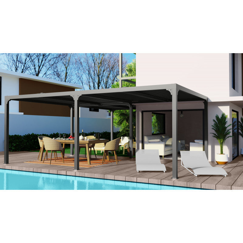 Pergola bioclimatica angolare in Alluminio dimensioni 710x600x360x300x360 con tetto a lamelle