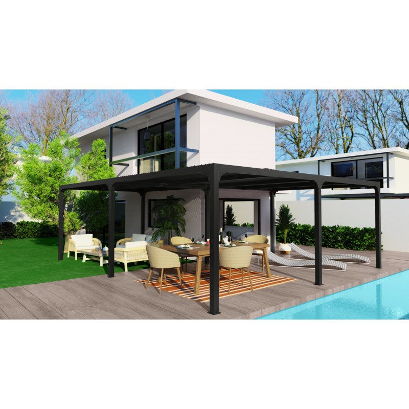 Pergola bioclimatica angolare in Alluminio dimensioni 710x600x360x300x360 con tetto a lamelle