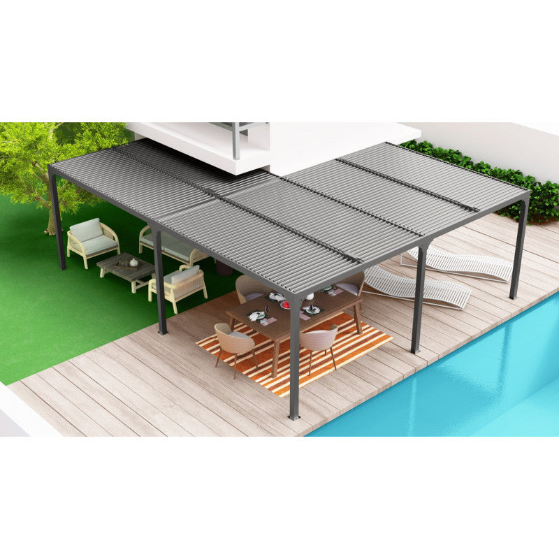 Pergola bioclimatica angolare in Alluminio dimensioni 710x600x360x300x360 con tetto a lamelle