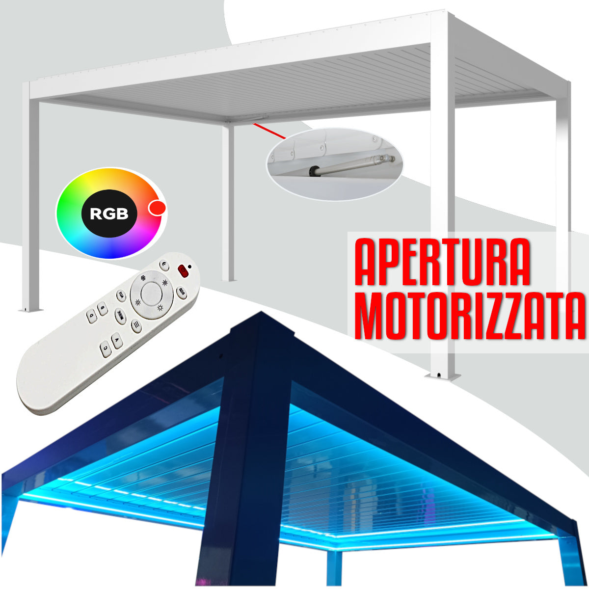 Pergola bioclimatica 6x3m apertura lamelle motorizzata con impianto led rgb - Bianco