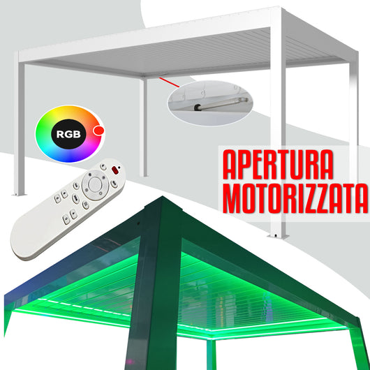 Pergola bioclimatica 6x4m apertura lamelle motorizzata con impianto led rgb - Bianco