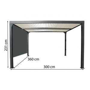 Pergola Bioclimatica in Alluminio 360x300 con Copertura Beige e Tenda per Lato 3m