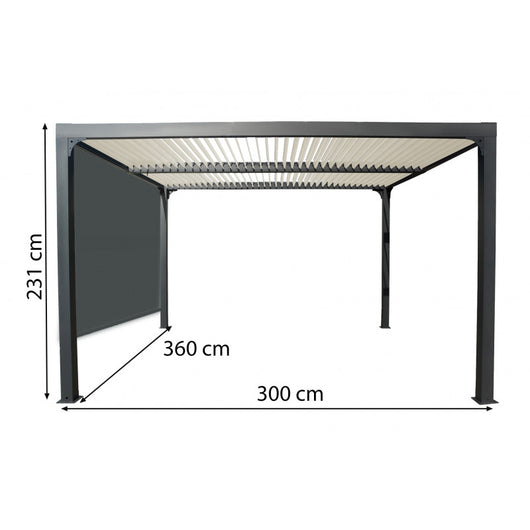 Pergola Bioclimatica in Alluminio 360x300 con Copertura Beige e Tenda per Lato 3m