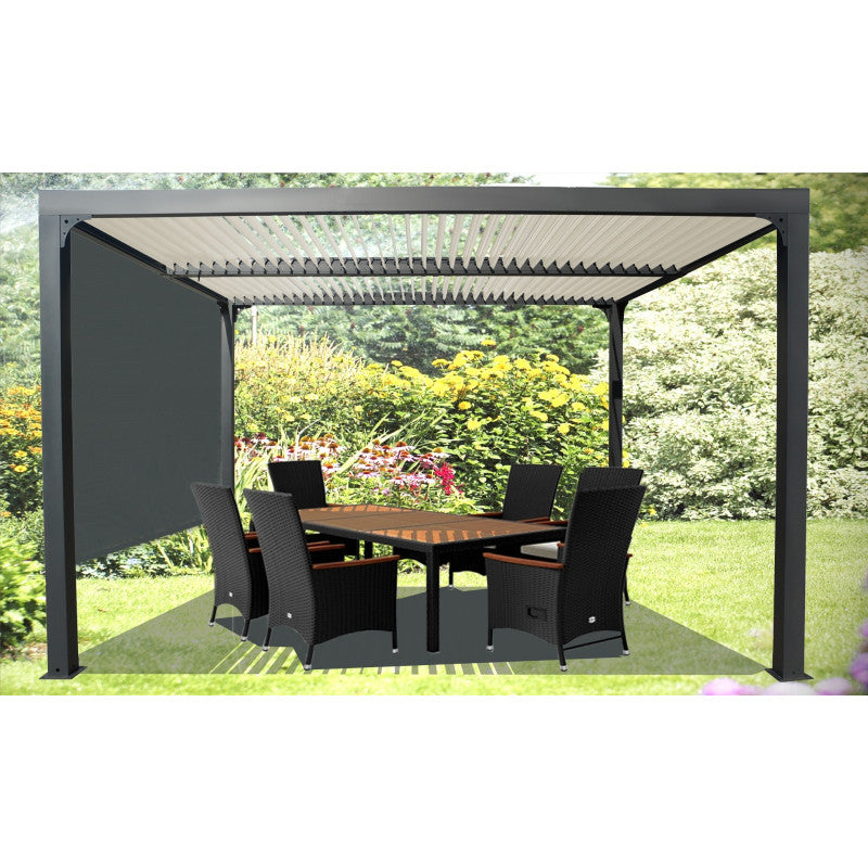 Pergola Bioclimatica in Alluminio 360x300 con Copertura Beige e Tenda per Lato 3m