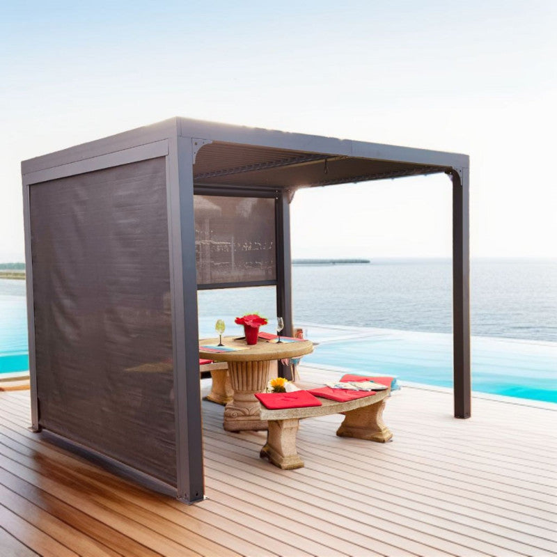 Pergola bioclimatica in alluminio antracite 240x300 cm - Lamelle orientabili 90° - Con 2 tende laterali PVC - PER24R30RBI Foresta