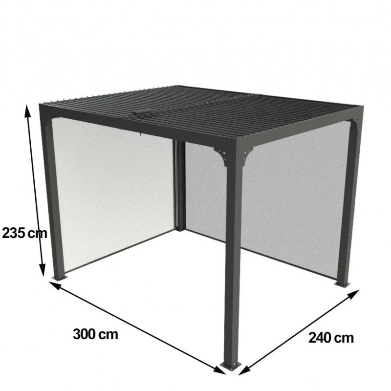 Pergola bioclimatica in alluminio antracite 240x300 cm - Lamelle orientabili 90° - Con 2 tende laterali PVC - PER24R30RBI Foresta