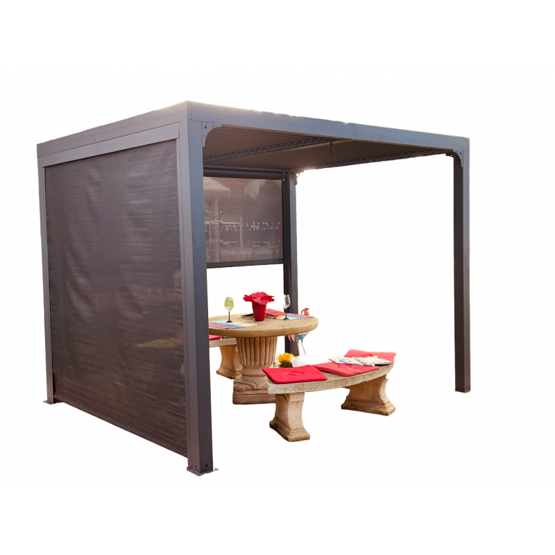 Pergola bioclimatica in alluminio antracite 240x300 cm - Lamelle orientabili 90° - Con 2 tende laterali PVC - PER24R30RBI Foresta