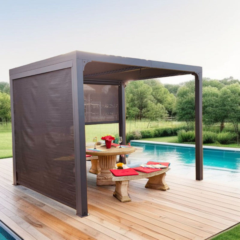 Pergola bioclimatica in alluminio antracite 240x300 cm - Lamelle orientabili 90° - Con 2 tende laterali PVC - PER24R30RBI Foresta
