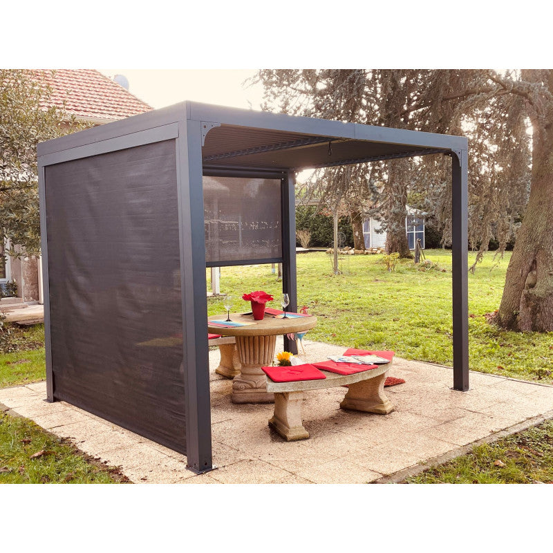 Pergola bioclimatica in alluminio antracite 240x300 cm - Lamelle orientabili 90° - Con 2 tende laterali PVC - PER24R30RBI Foresta