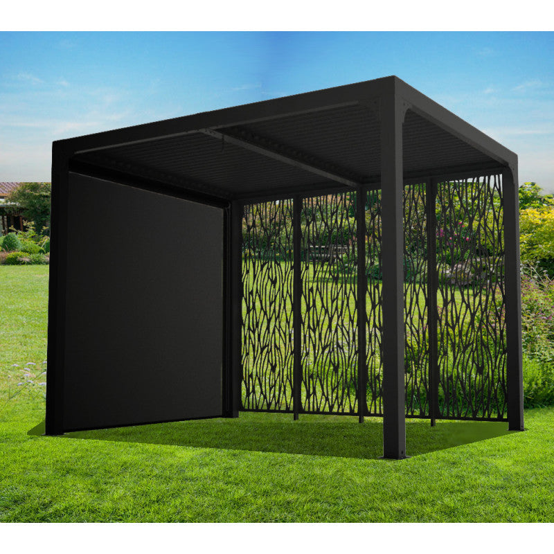 Pergola bioclimatica in alluminio antracite 240x300 cm - Lamelle orientabili 90° - Con 4 pannelli moucharabieh e tenda PVC - PER24R30MBI Foresta